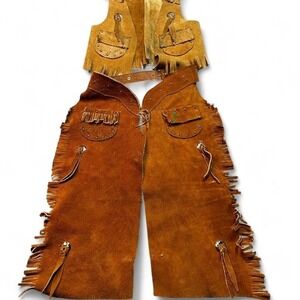 Vintage Sears Childrens Leather Chaps and Vest Cowboy Rodeo Large (6-6X)